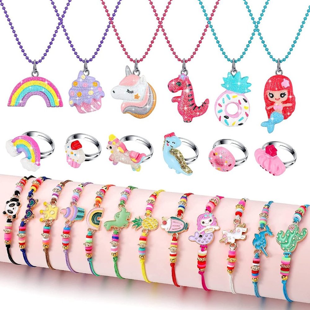 NEW 24 Pcs Little Girl Jewelry Kids Unicorn Necklace Cute Woven Bracelet…
